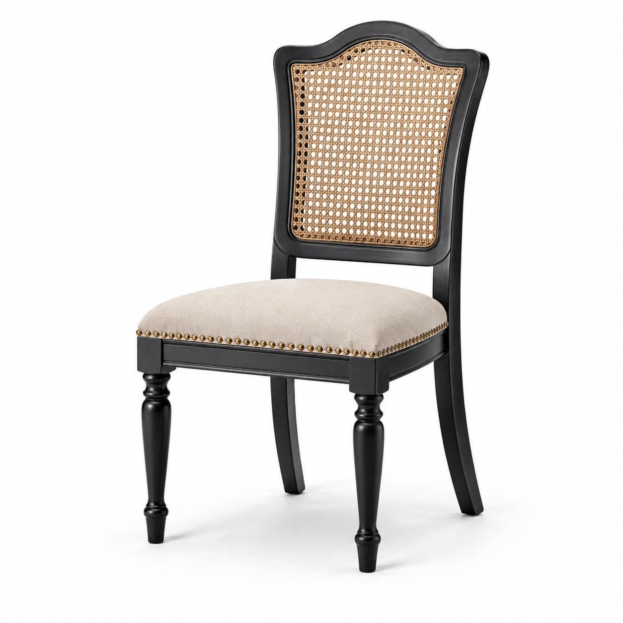 Sedia in Legno Nero con Schienale in Rattan e Seduta in Lino Beige