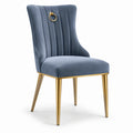 Sedia da pranzo in velluto blu con gambe in metallo dorato