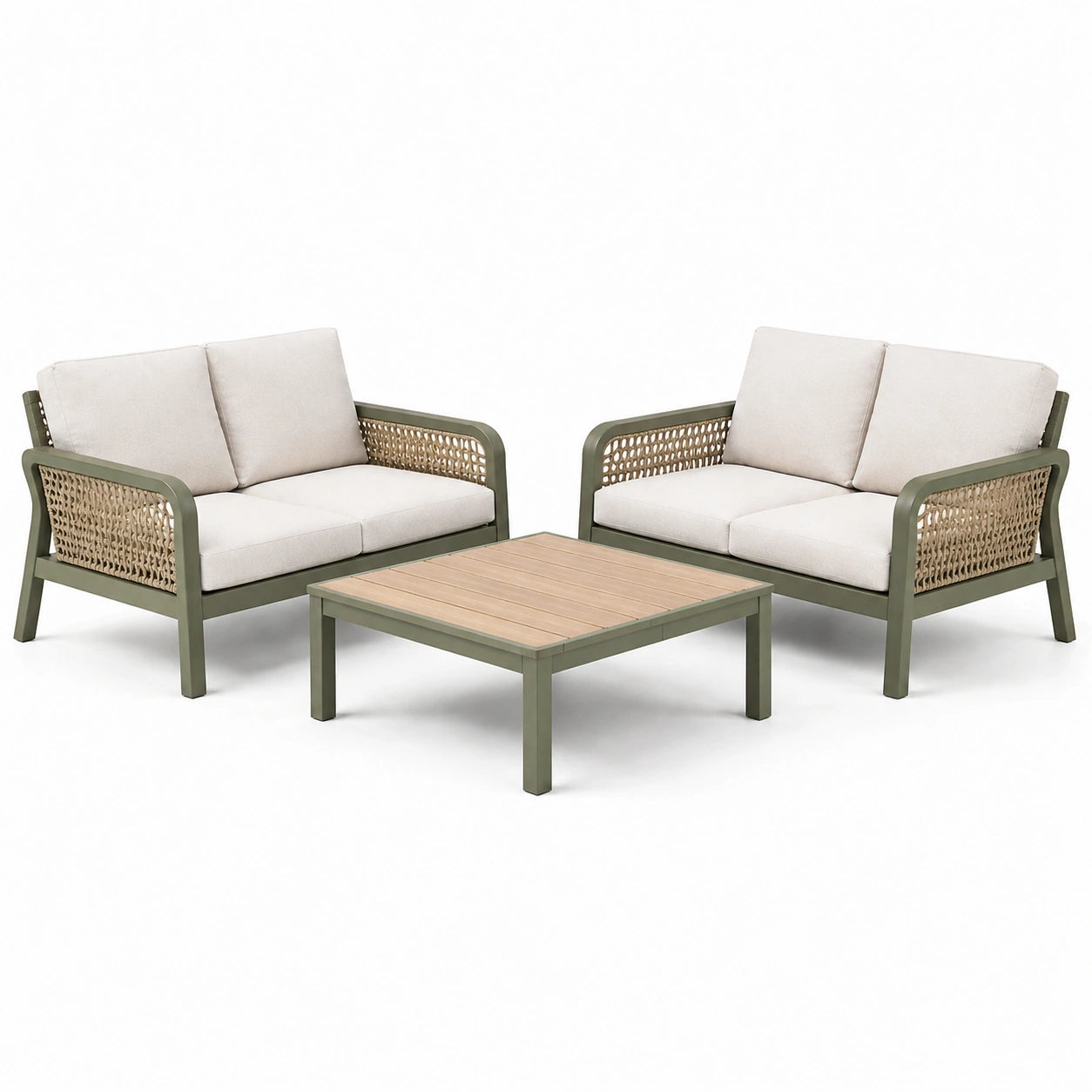 Set divano da giardino in metallo e vimini con cuscini crema