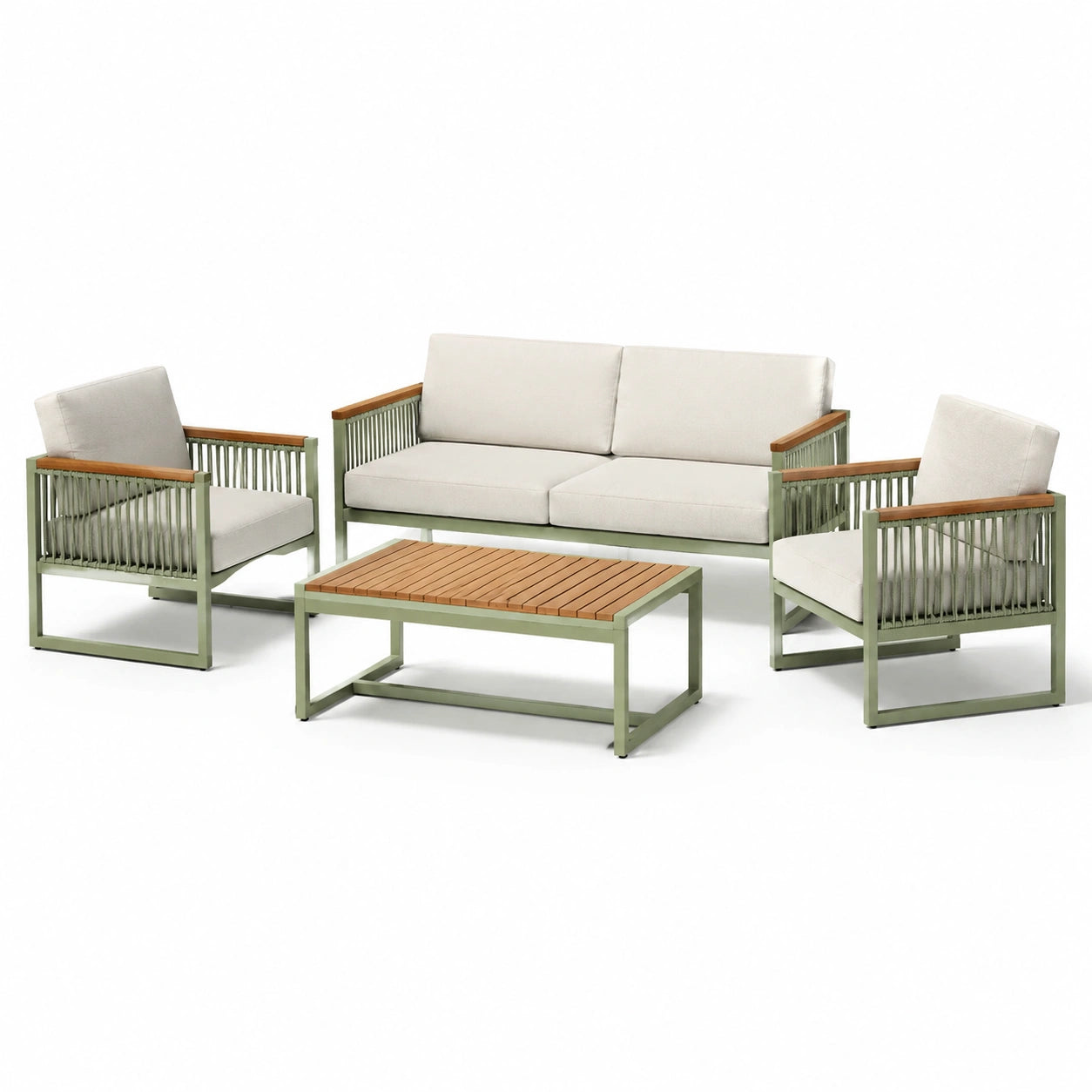 Set da giardino in alluminio, legno e poliestere verde e beige