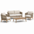 Set divano giardino in legno e rattan sintetico con cuscini beige