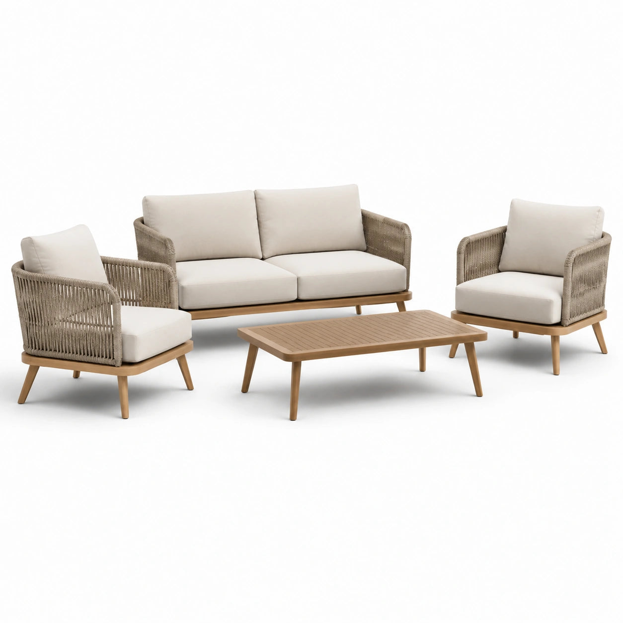 Set divano giardino in legno e rattan sintetico con cuscini beige