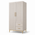 Armadio a Doppia Porta con 2 Cassetti in Legno e Metallo Beige