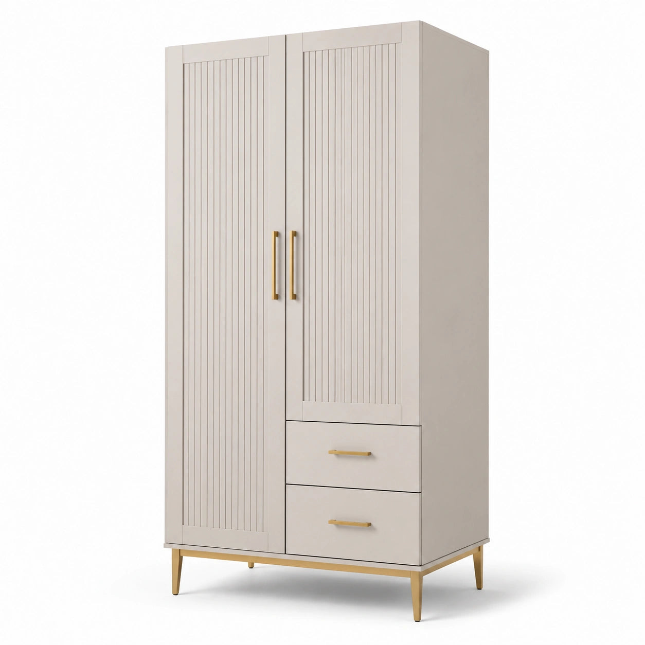 Armadio a Doppia Porta con 2 Cassetti in Legno e Metallo Beige