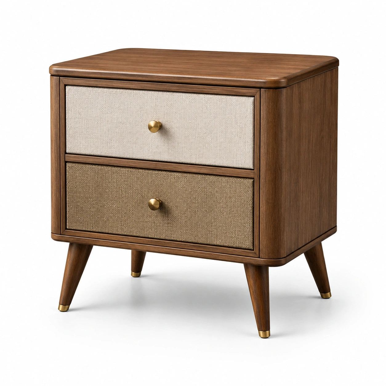 Comodino in Legno Massello di Noce con Cassetti in Lino Beige e Marrone