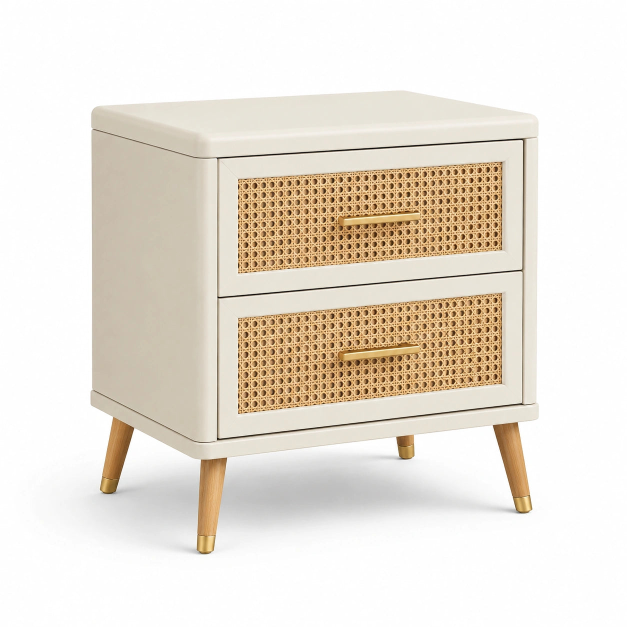 Comodino in Legno e Rattan con 2 Cassetti Beige