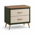 Comodino in legno con 2 cassetti verde e beige con maniglie in metallo dorato