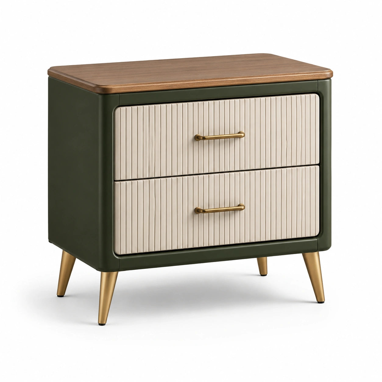 Comodino in legno con 2 cassetti verde e beige con maniglie in metallo dorato