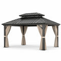 Gazebo in metallo nero con tettoia a doppio strato e tende in poliestere beige