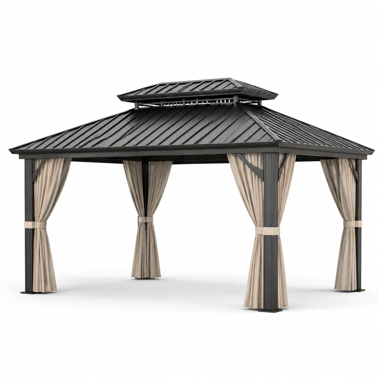 Gazebo in metallo nero con tettoia a doppio strato e tende in poliestere beige
