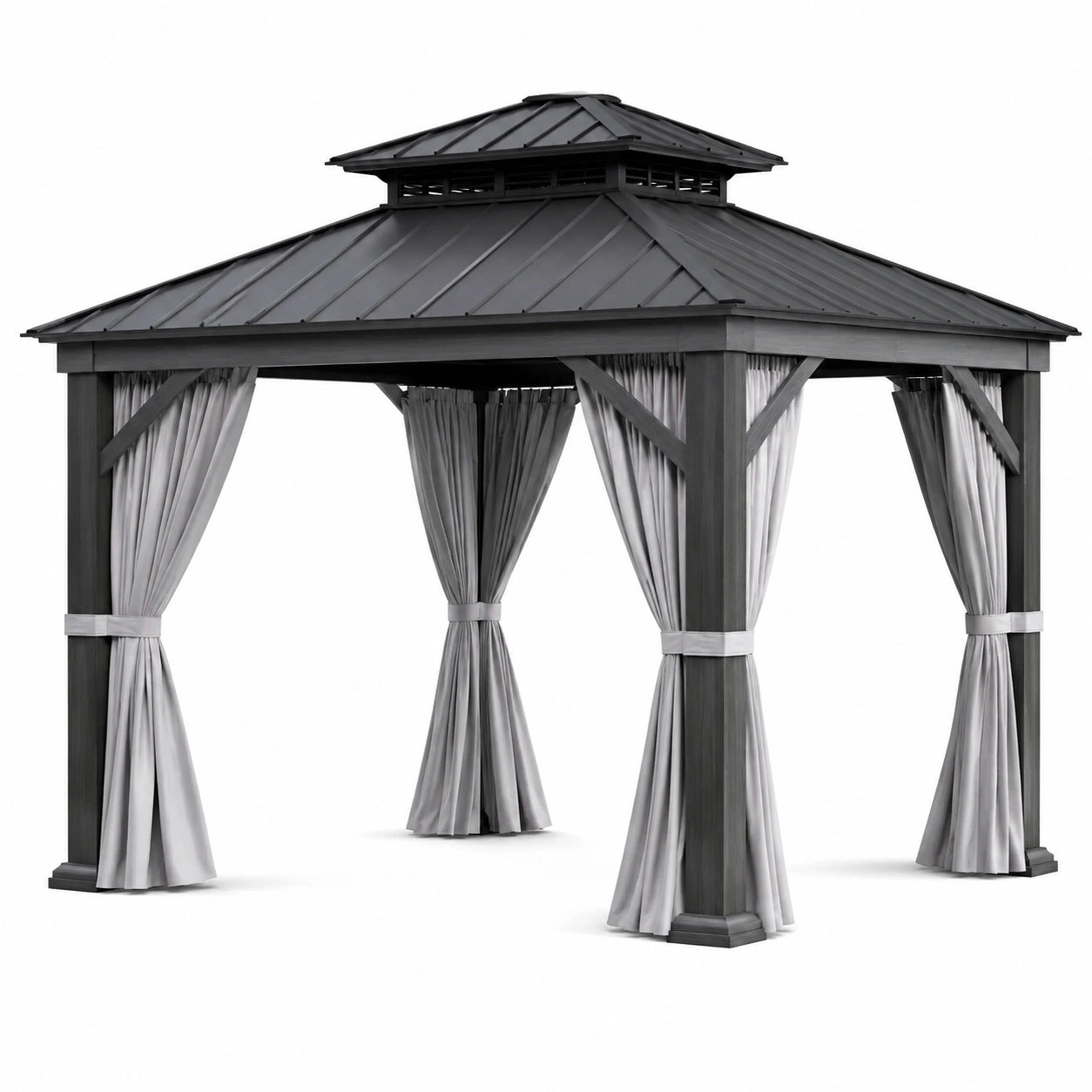 Gazebo in Alluminio con Tetto in Acciaio e Tende in Poliestere Grigie