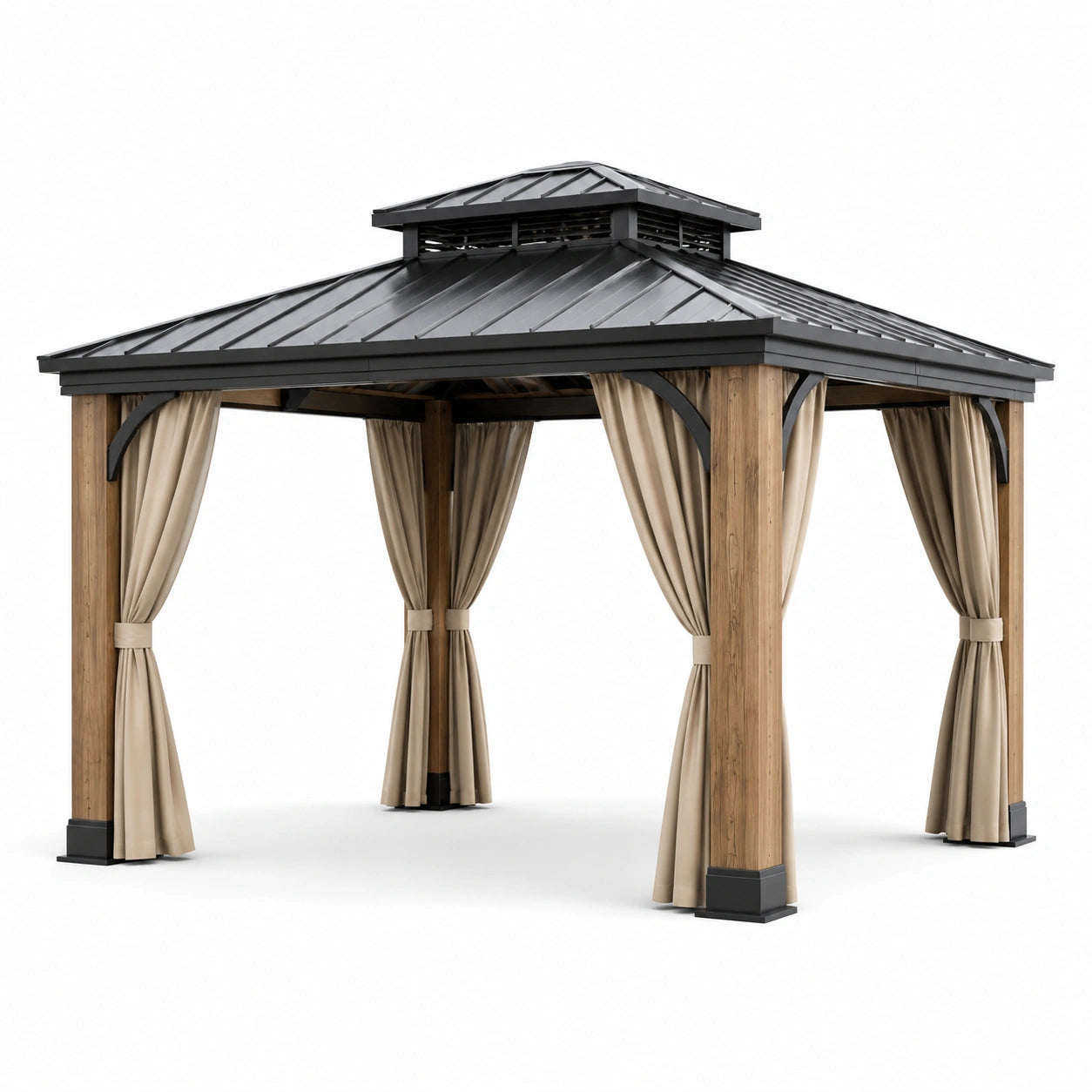 Gazebo in Legno e Acciaio con Tetto in Acciaio Zincato e Tendaggi in Poliestere