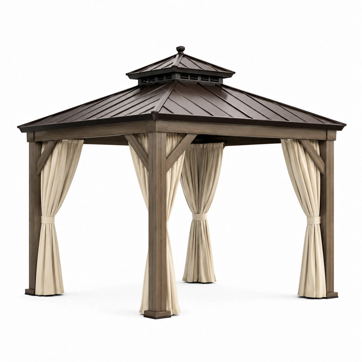Gazebo in legno e acciaio con tendaggi beige