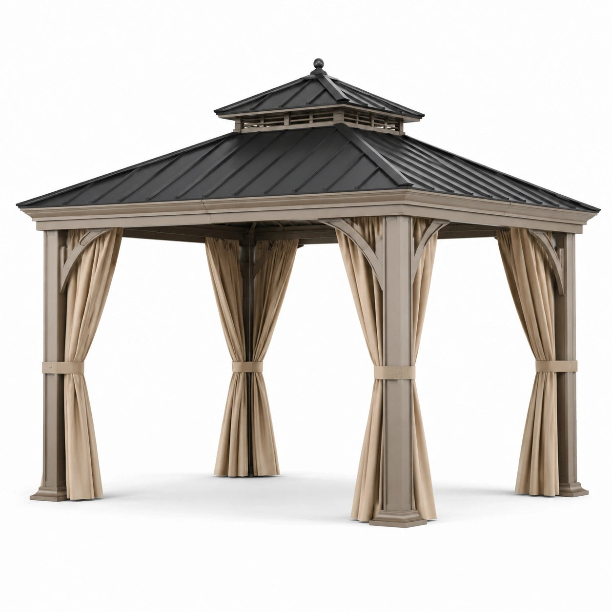 Gazebo in alluminio con tetto in acciaio e tende in poliestere beige