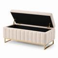 Panca contenitore in tessuto bouclé beige con gambe in metallo dorato