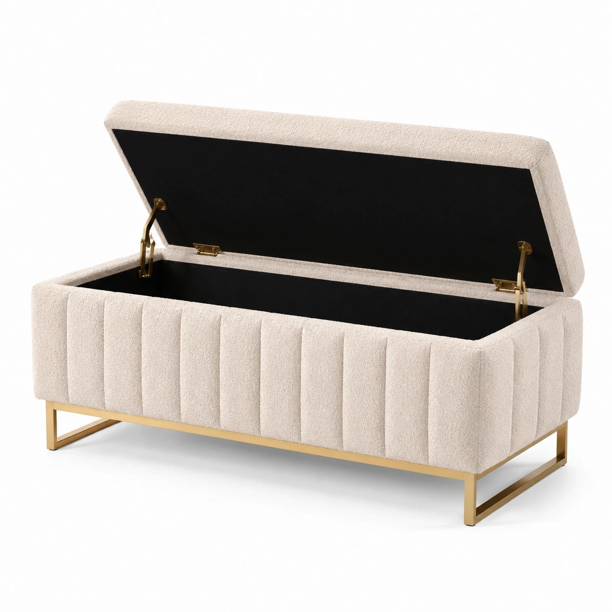 Panca contenitore in tessuto bouclé beige con gambe in metallo dorato