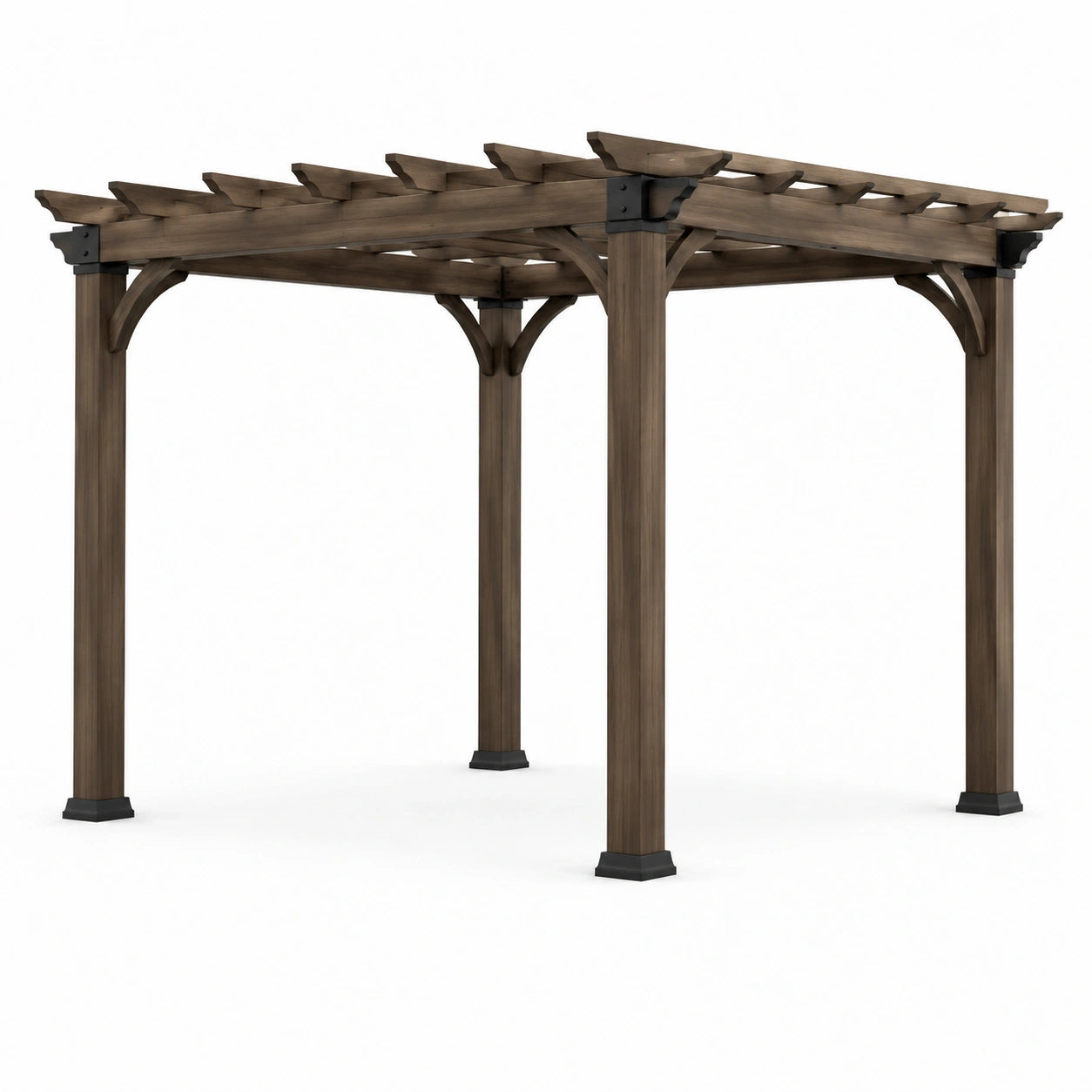 Pergola in legno di pino marrone con connessioni in acciaio